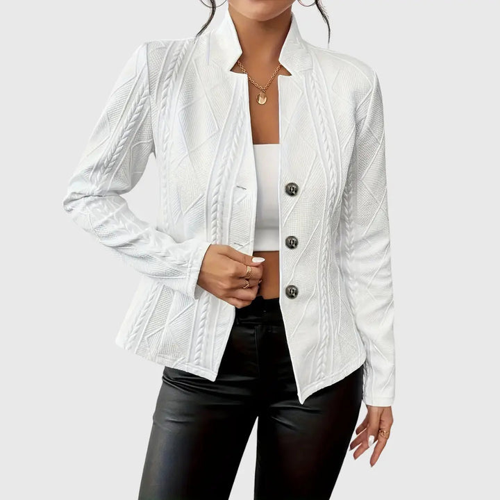 White cable-quilted textured blazer with stand collar, front view close up