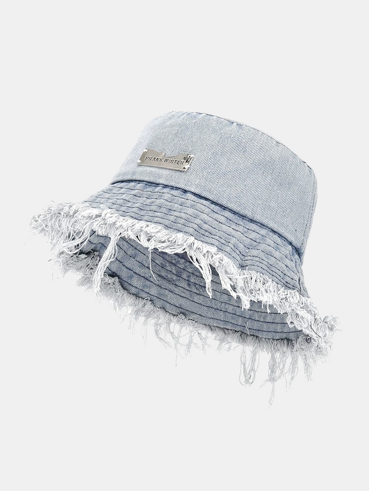 Light wash denim bucket hat with frayed brim