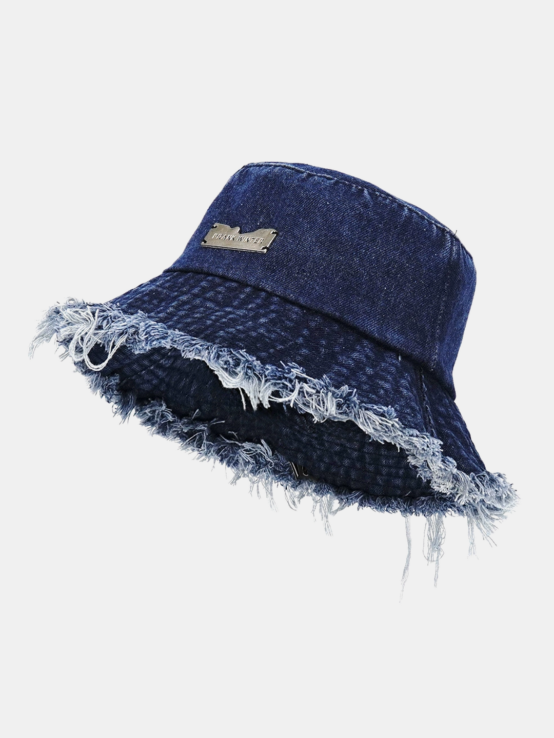 Dark denim bucket hat with frayed brim and metal nameplate