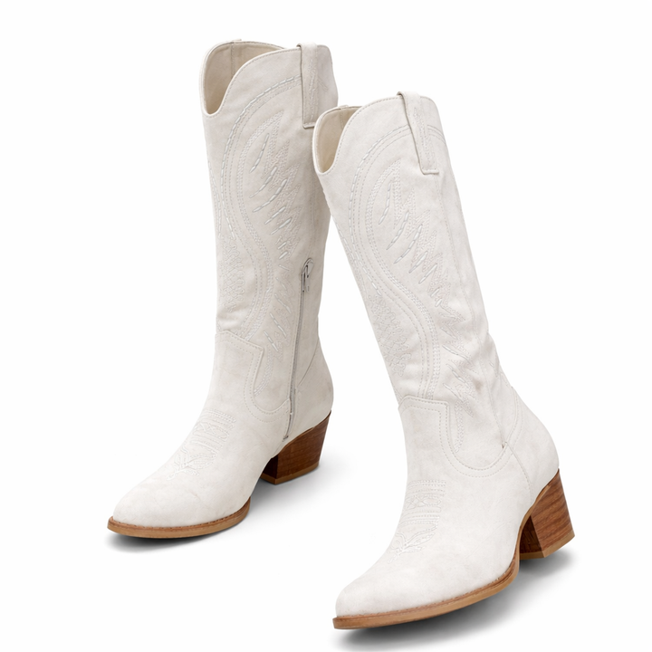 Pair of white suede embroidered western cowboy boots with block heel