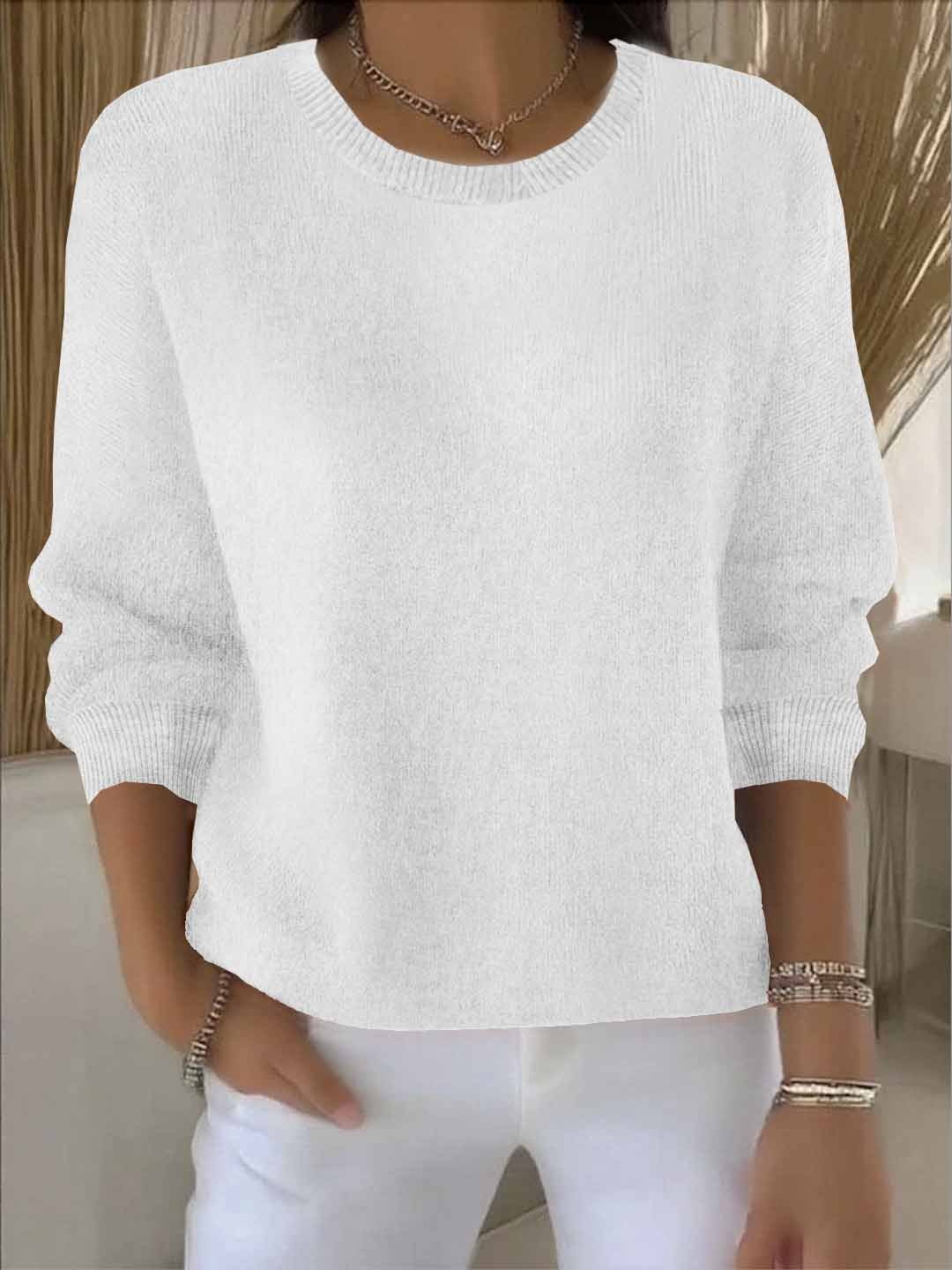 White pullover sweater with ribbed crew neckline