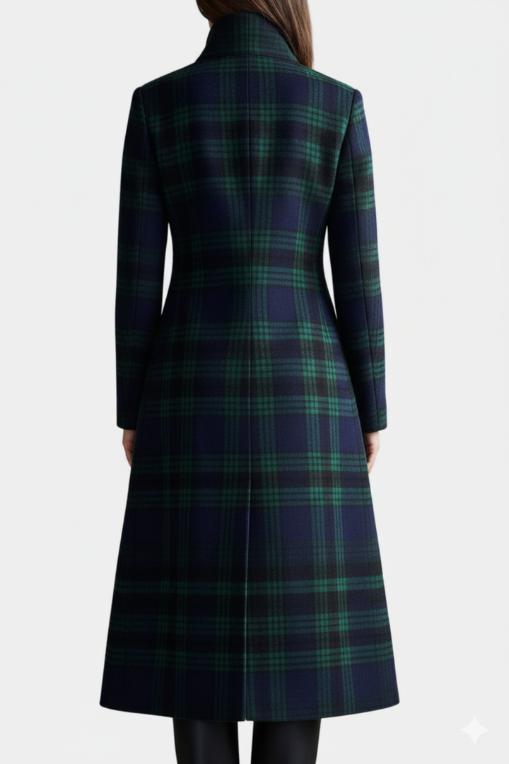 Back view of blue-green plaid coat showing A-line silhouette