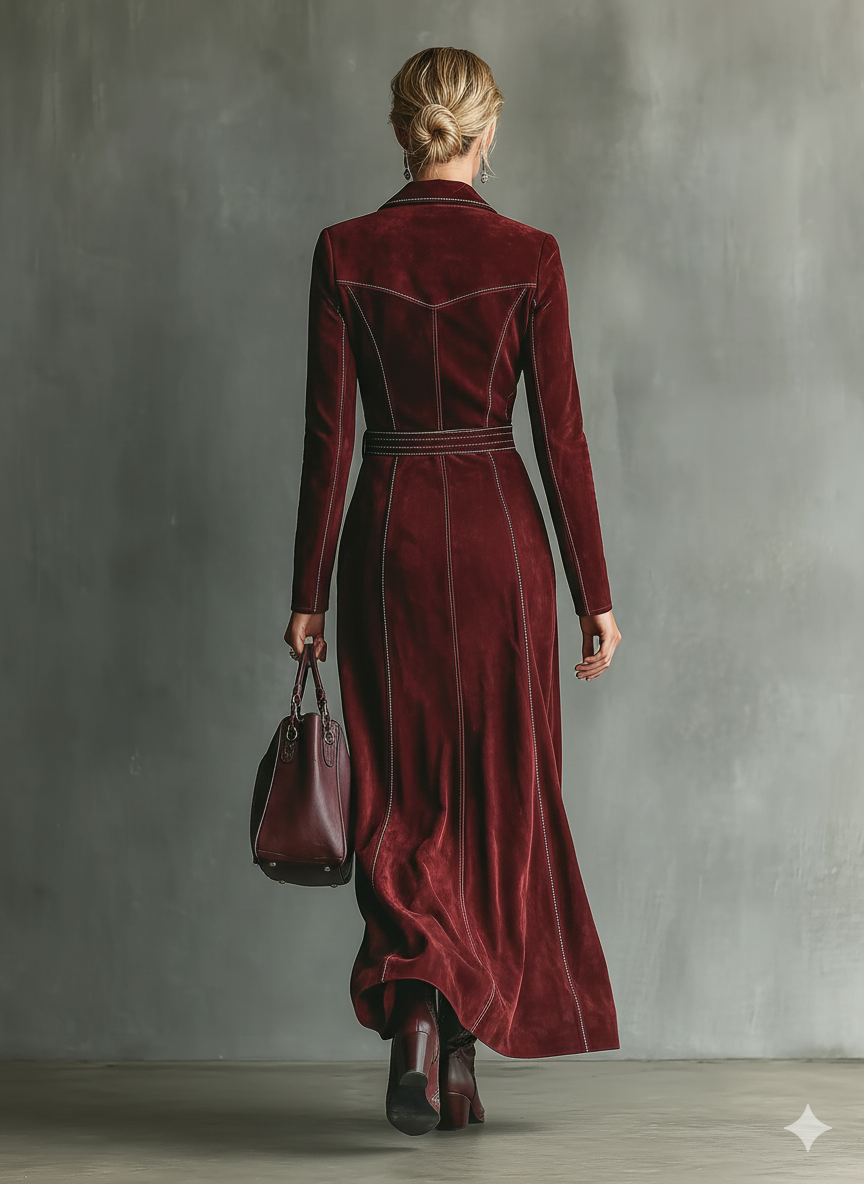 Back view of burgundy faux suede maxi dress with belted waist and contrast stitching