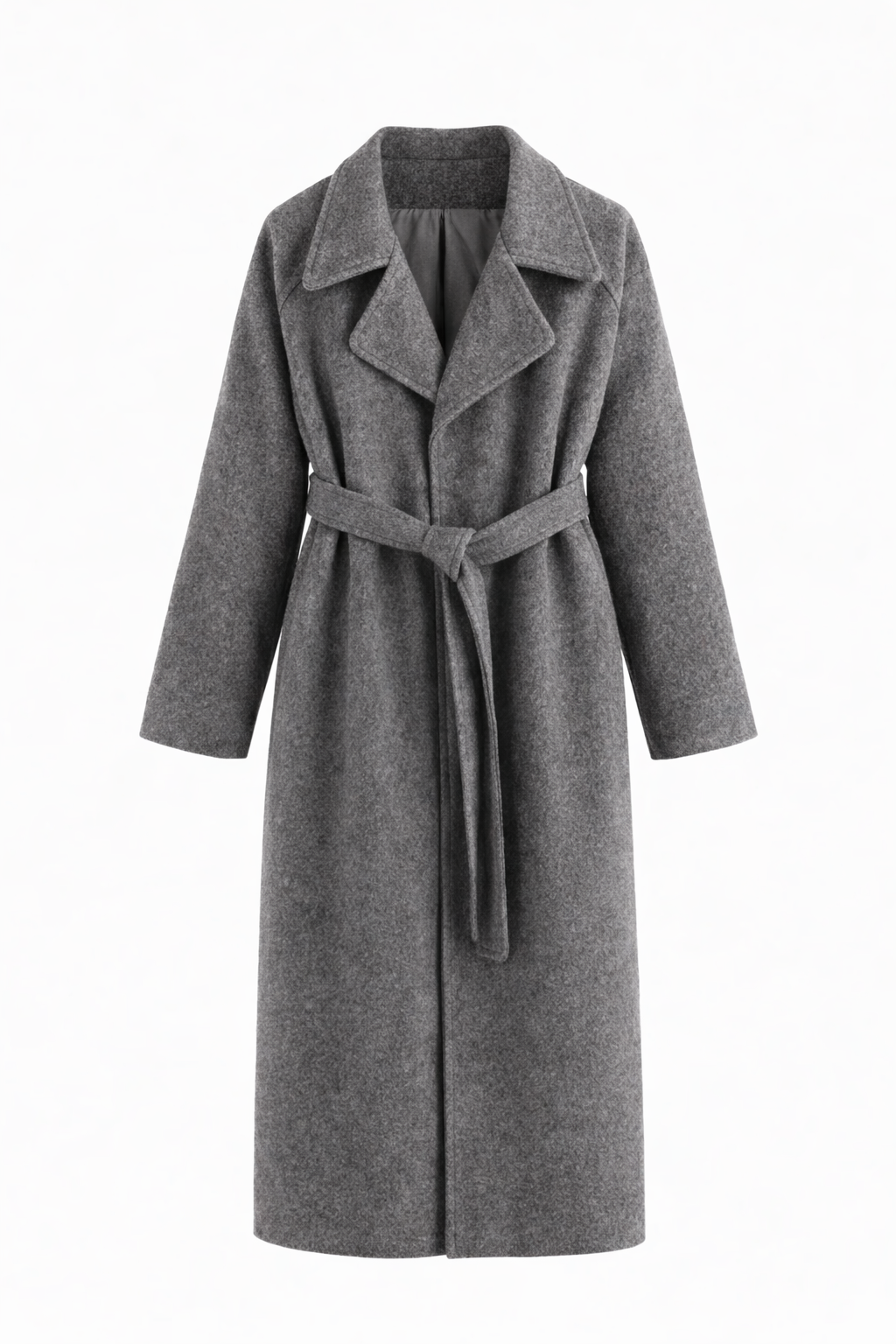 Gray belted long wrap coat, front view