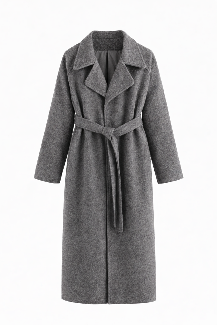 Gray belted long wrap coat, front view