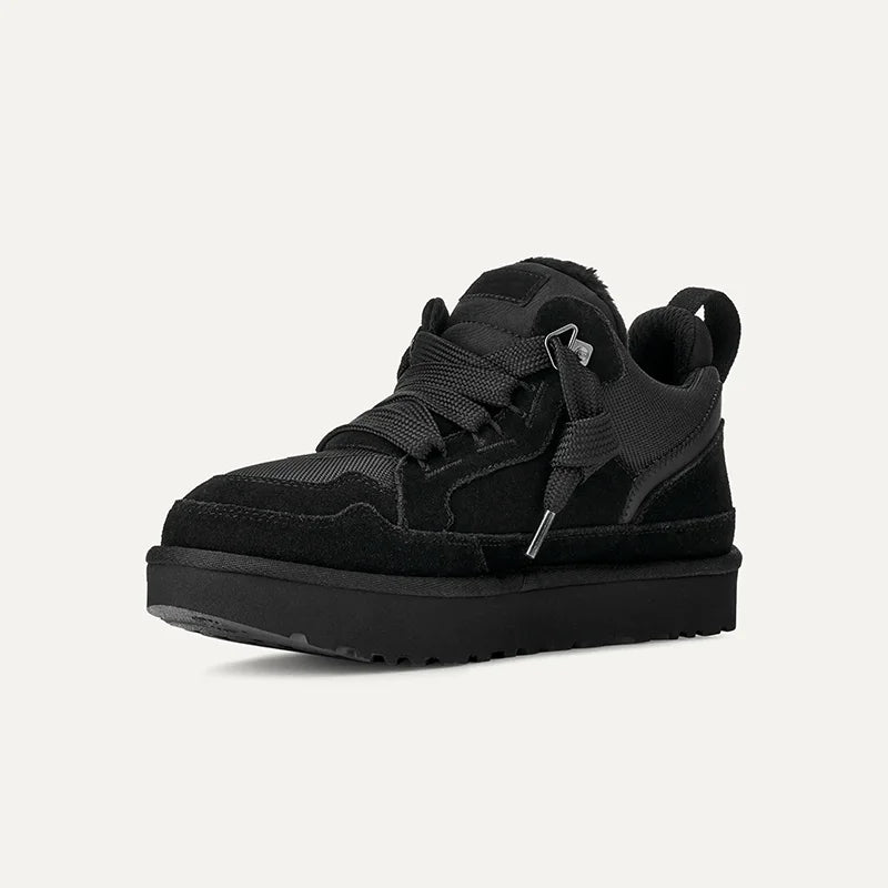Black suede-look platform sneaker, alternate angled view