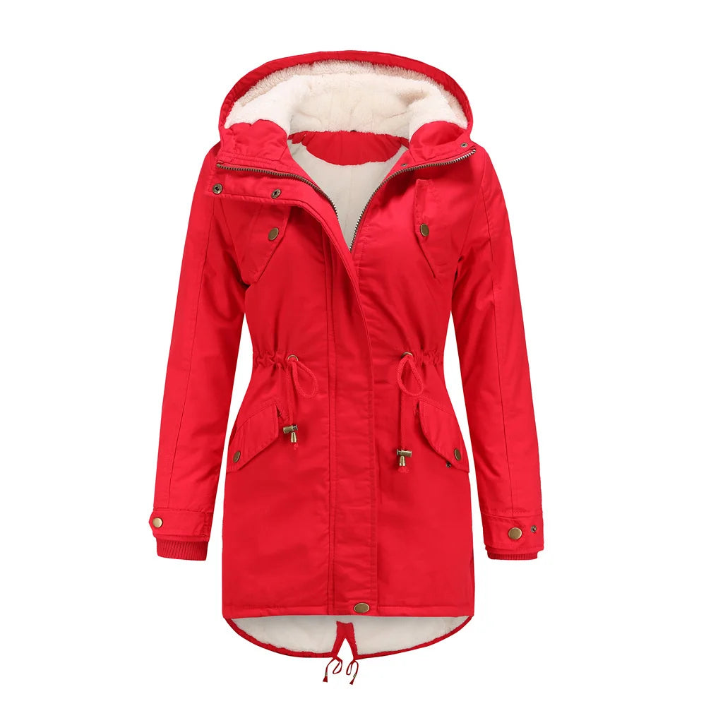 Red hooded parka coat, front view