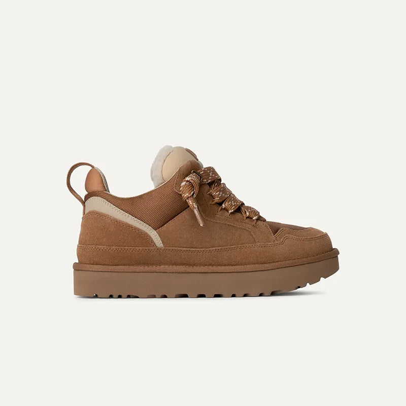 Brown suede-look platform sneaker, side profile view