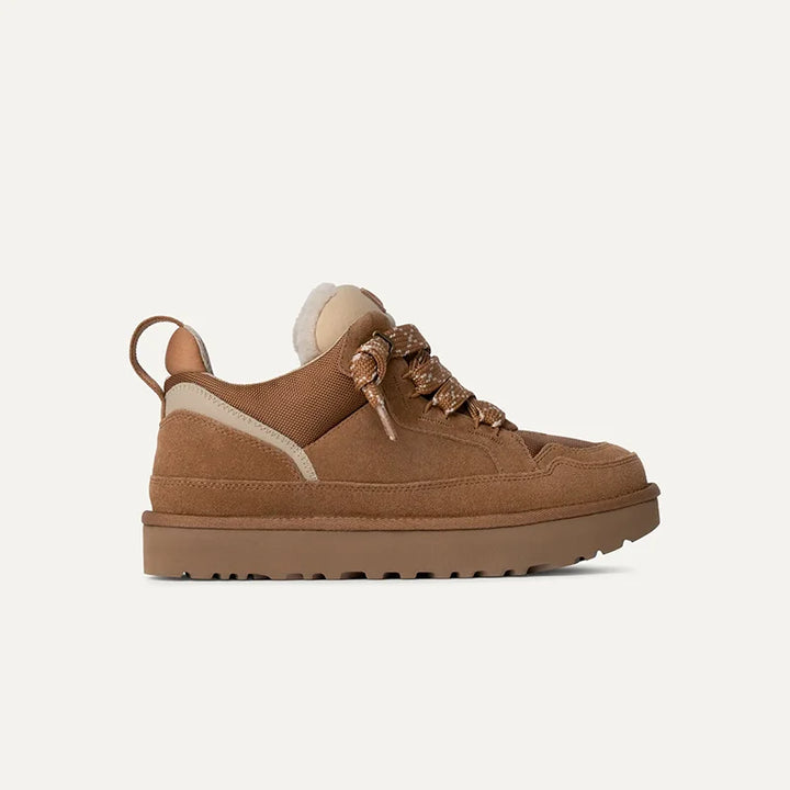 Brown suede-look platform sneaker, side profile view