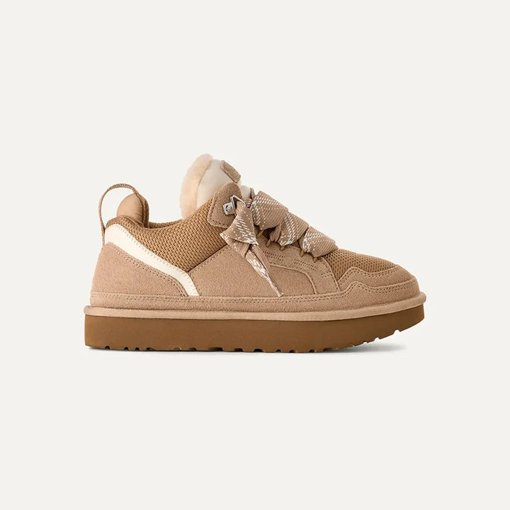 Beige suede-look platform sneaker, side profile view