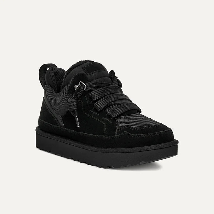 Black suede-look platform sneaker, angled front view