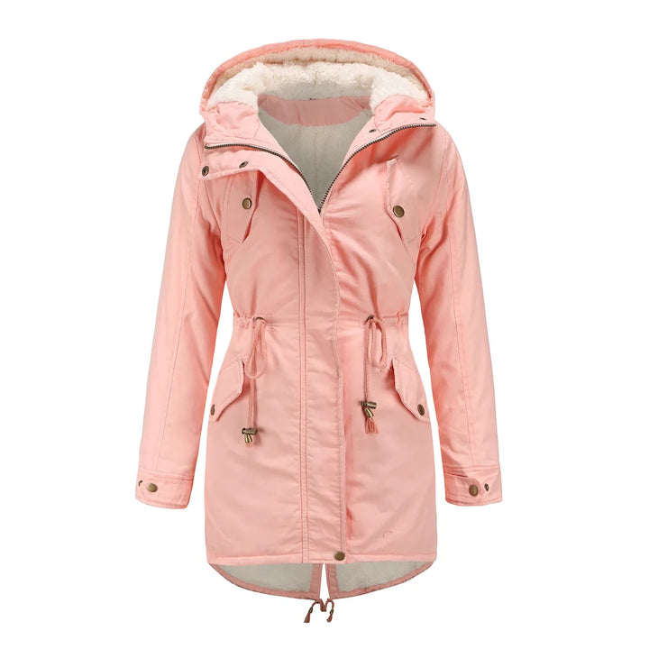 Pink hooded parka coat, front view alternate