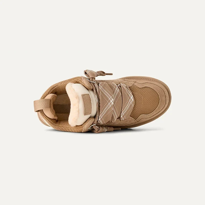 Beige suede-look platform sneaker, top view showing fleece collar and laces