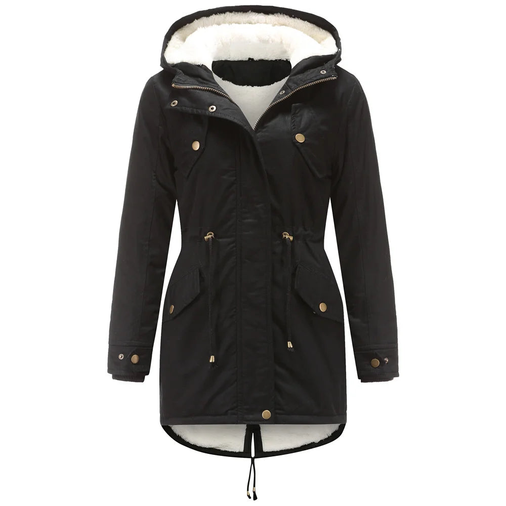 Black hooded parka coat, front view flat