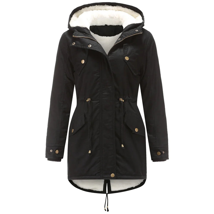Black hooded parka coat, front view flat