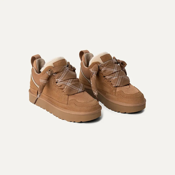 Pair of brown suede-look platform sneakers, front angled view