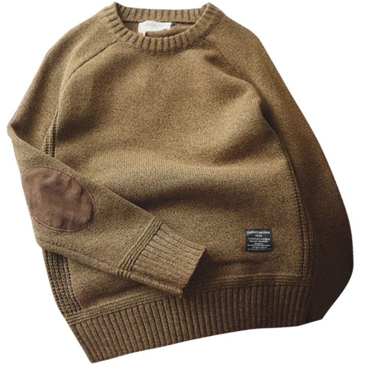 Auburn oversized crew neck sweater with elbow patches, flat lay
