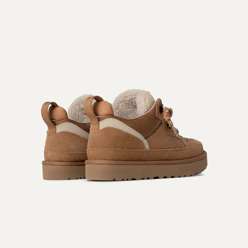 Pair of brown suede-look platform sneakers, rear view