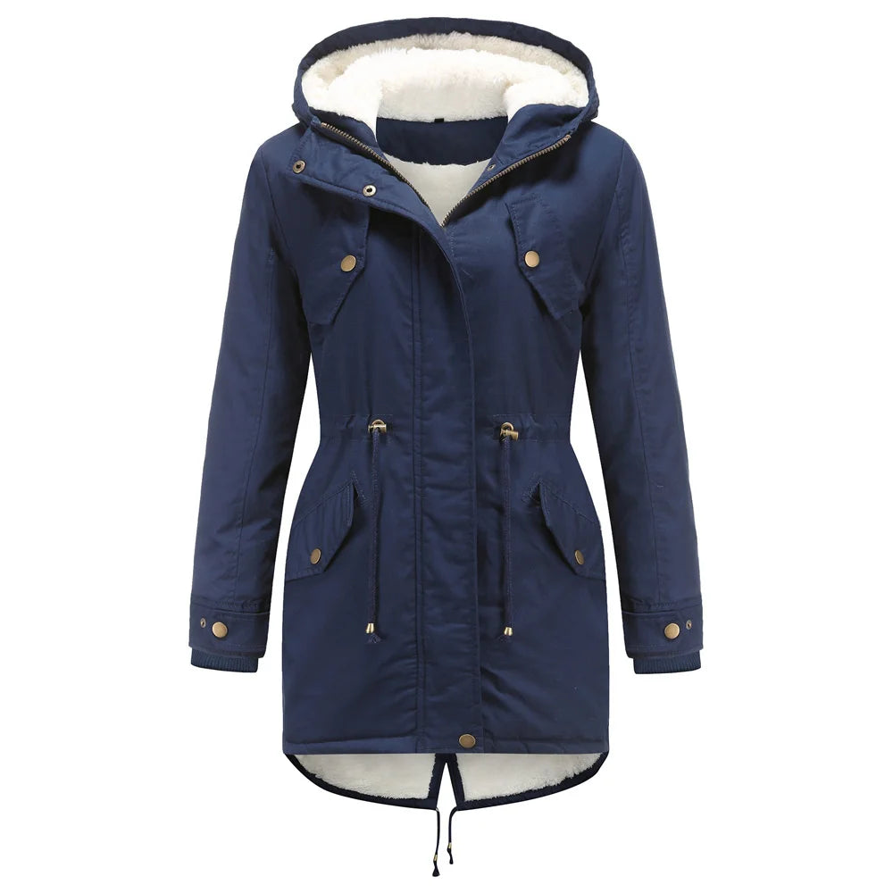 Navy hooded parka coat, front view