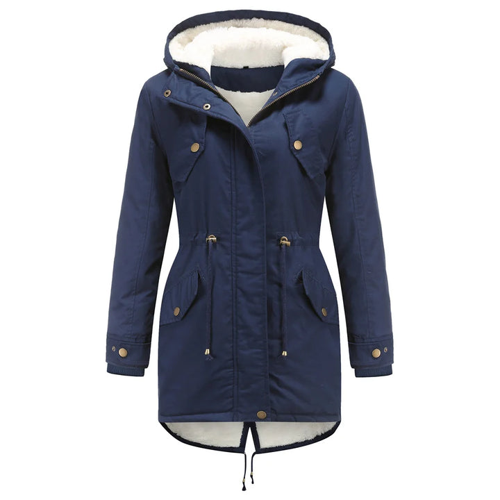 Navy hooded parka coat, front view
