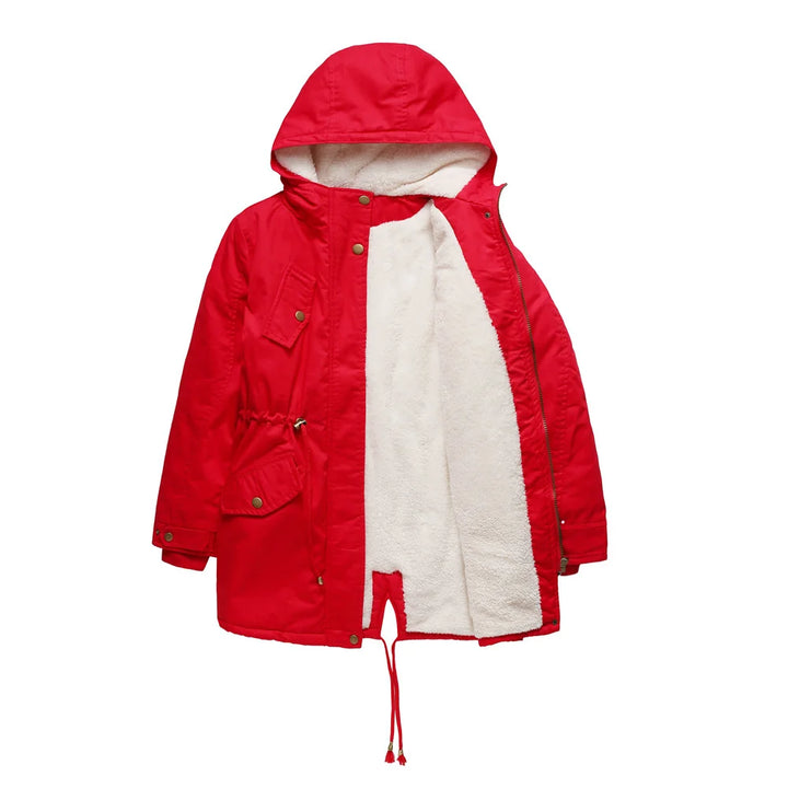 Red hooded parka coat open showing faux fur lining