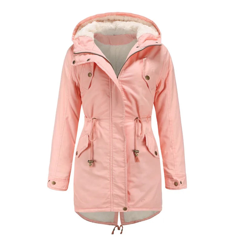 Pink hooded parka coat with faux fur lined hood, front view
