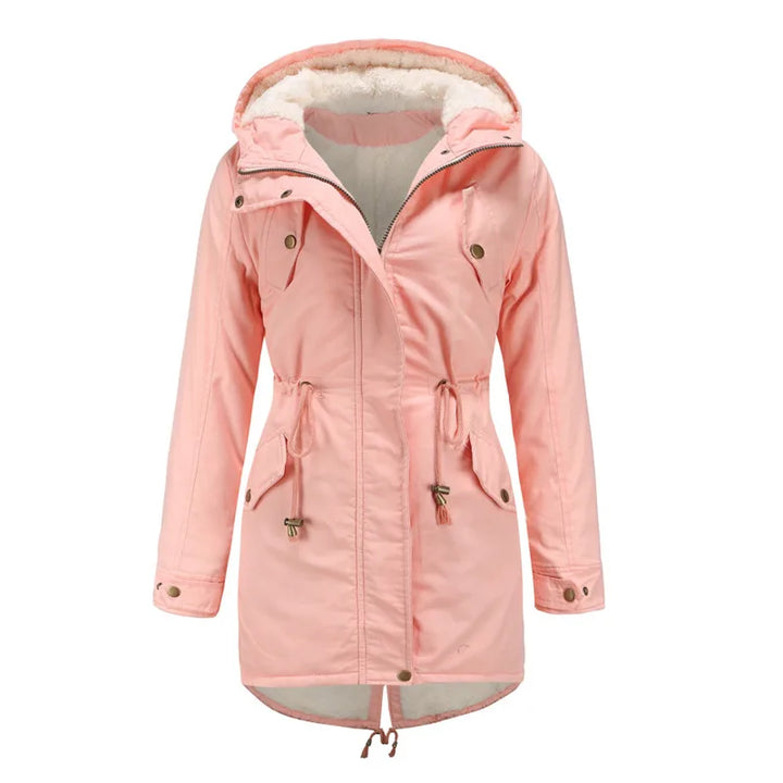 Pink hooded parka coat with faux fur lined hood, front view