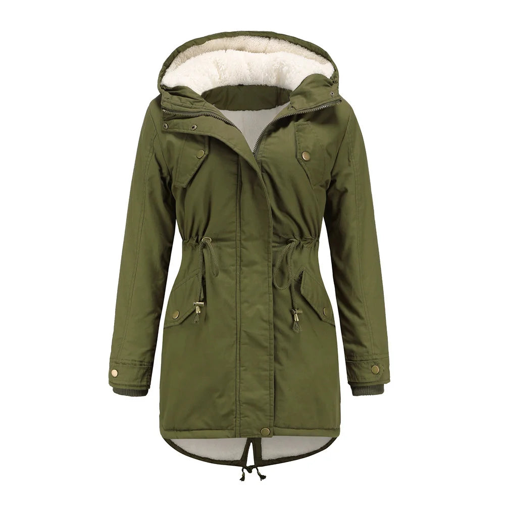 Green hooded parka coat, front view