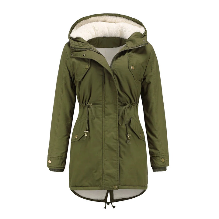 Green hooded parka coat, front view