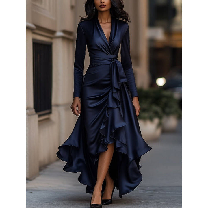 Navy blue wrap maxi dress with plunge neckline and ruffle hem, front view