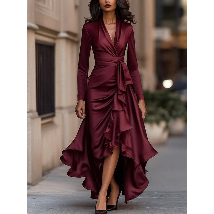 Wine red wrap maxi dress with plunge neckline and asymmetric ruffle hem
