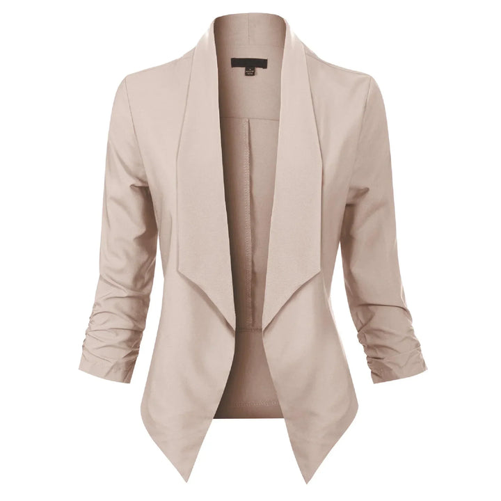 Beige open-front blazer with draped lapel, front view