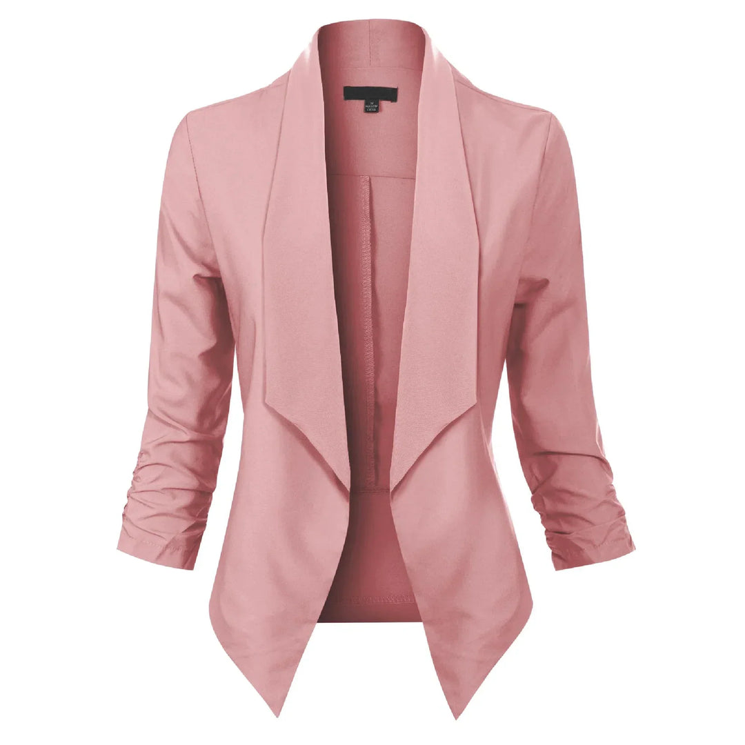Pink open-front blazer with draped lapel, front view