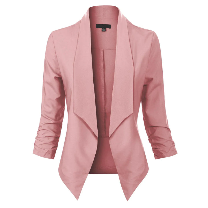 Pink open-front blazer with draped lapel, front view