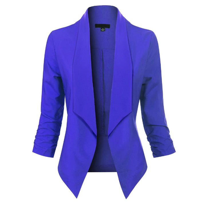 Royal blue open-front blazer with draped lapel, front view