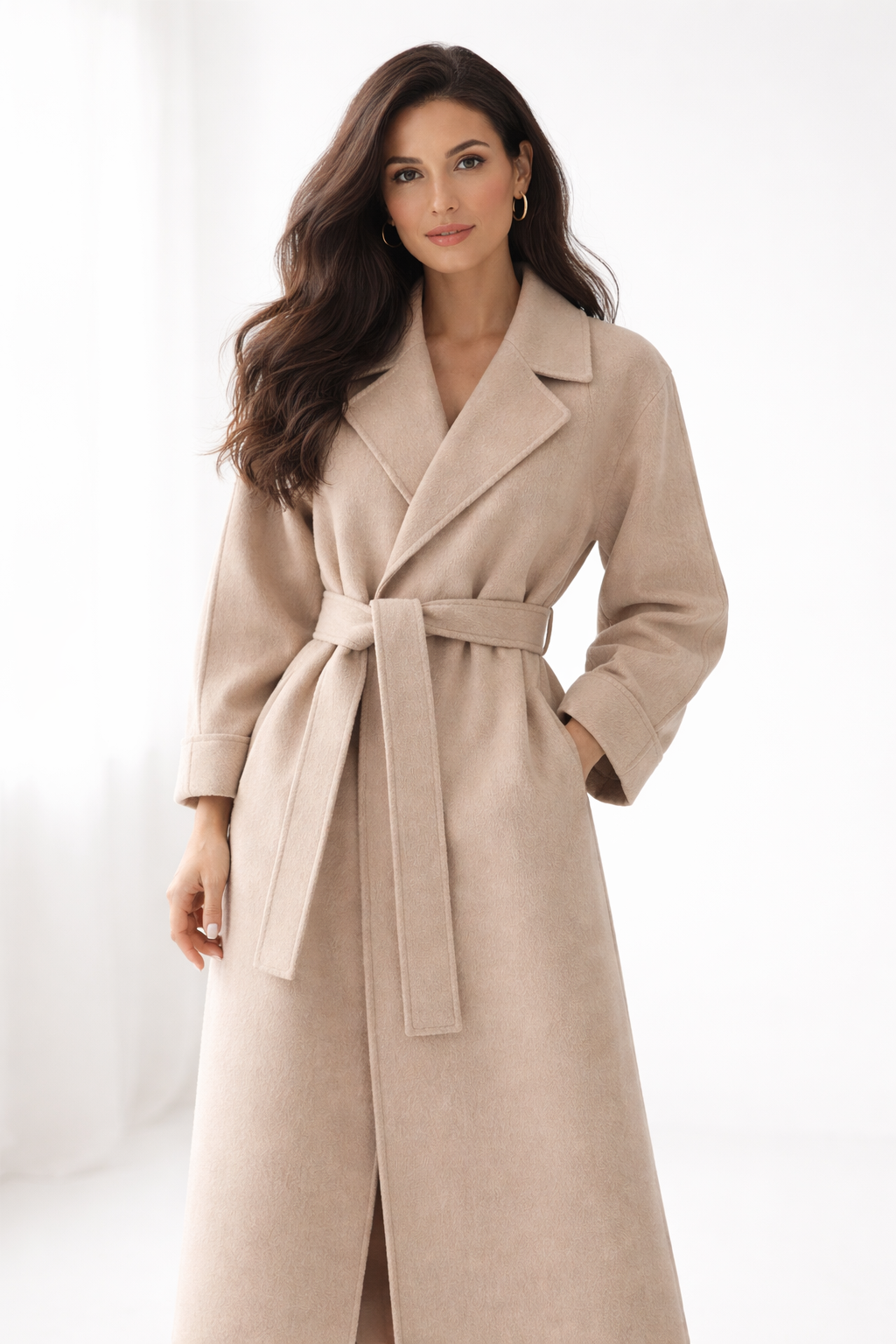 Model wearing beige belted wrap coat with hand in pocket