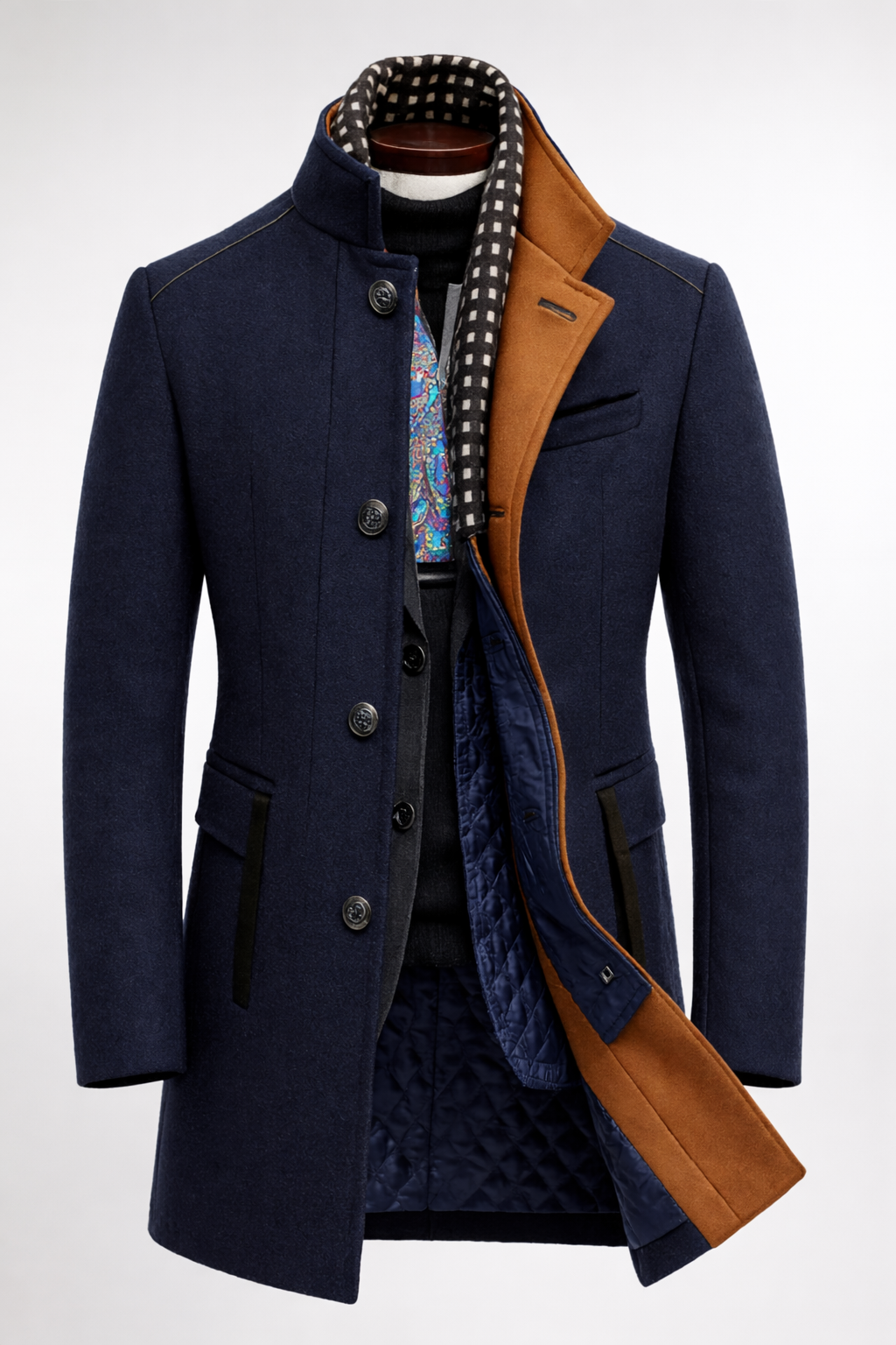 Man's navy wool blend overcoat open front view with contrast collar