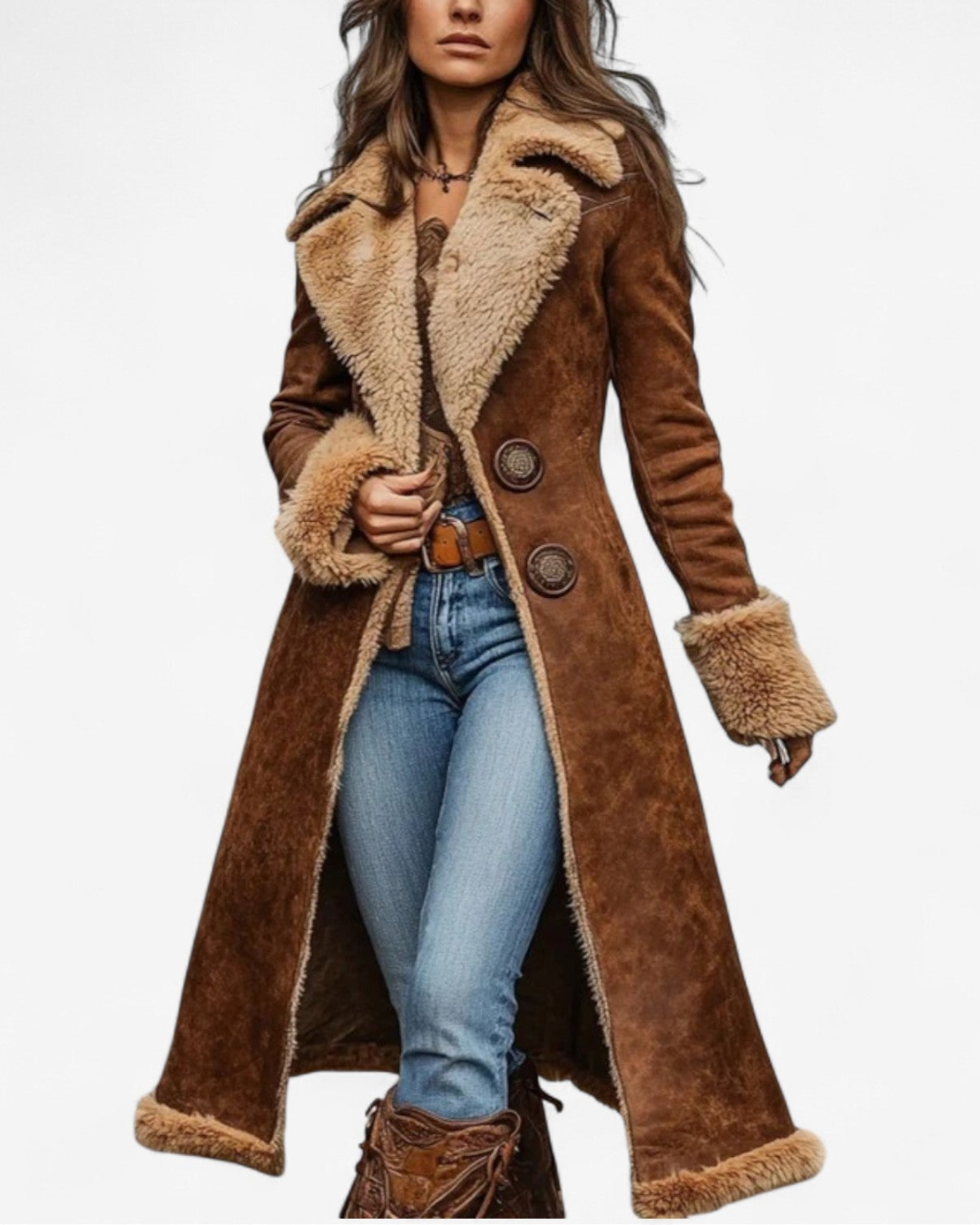 Woman wearing long brown faux suede coat with shearling collar and cuffs, front view