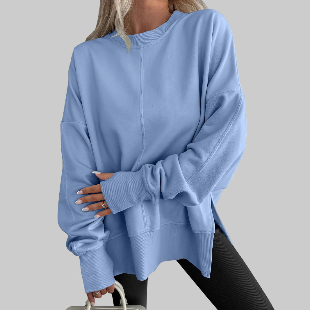 Light blue oversized long sleeve sweatshirt with side slit hem