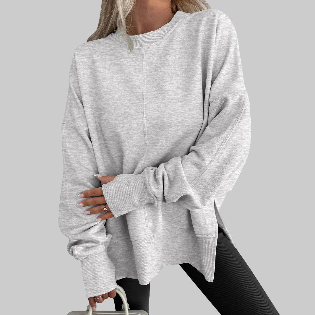 Gray oversized long sleeve sweatshirt with ribbed crew neck