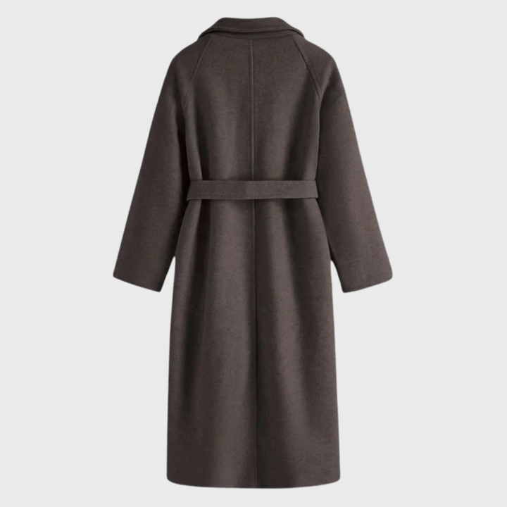 Dark brown belted wool coat, back view