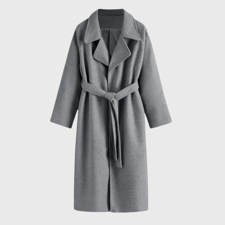 Grey belted wool blend coat with notched lapels, front view