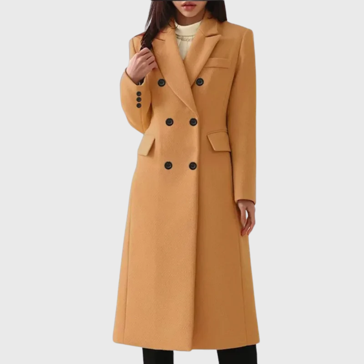 Woman wearing camel double-breasted wool coat