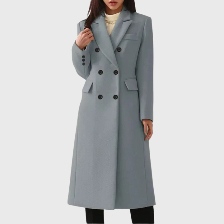 Woman wearing grey double-breasted wool coat