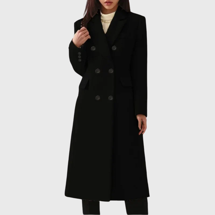 Woman wearing black double-breasted wool coat