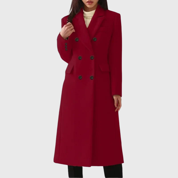 Woman wearing wine red double-breasted wool coat