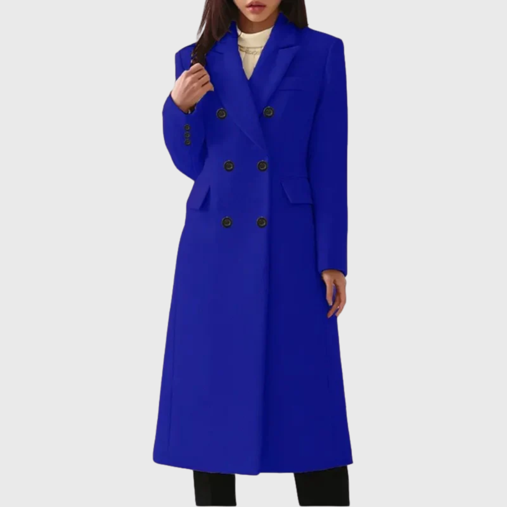 Woman wearing blue double-breasted wool coat