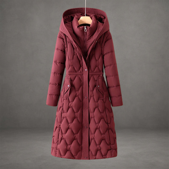 Red longline hooded down coat on hanger, front view