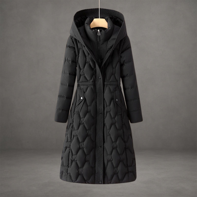 Black longline hooded down coat on hanger, front view