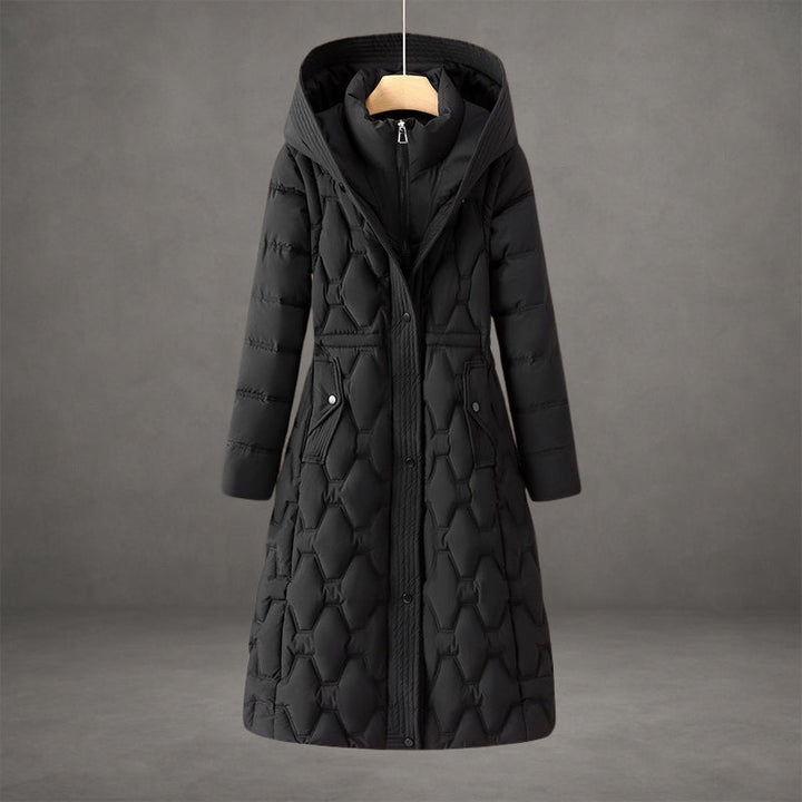 Black longline hooded down coat on hanger, front view